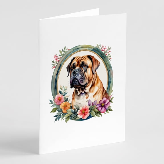Dogue de Bordeaux and Flowers Greeting Cards and Envelopes Pack of 8 7 in x 5 in