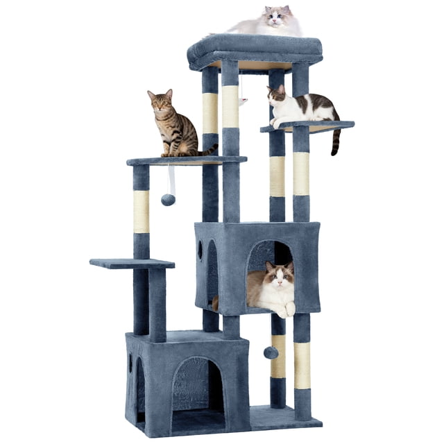 Cat Tree for Large Cats - 61" Heavy-Duty Multi-Level Tower with 2 Condos & Scratching Posts, Extra-Large Perch for Maine Coons, Light Blue Modern Activity Center