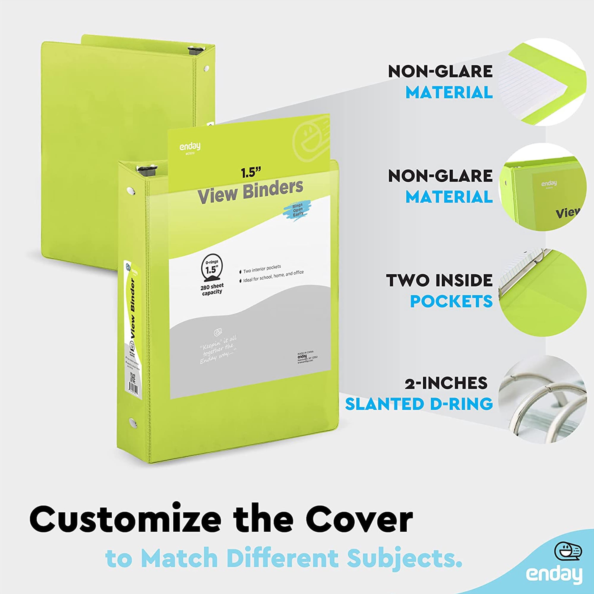 Enday 1.5 Inch Binder 3 Ring Binders with Pockets for Home, Office, School Supplies Organization, Green 6 Pc