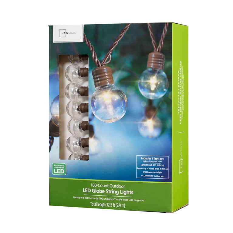 Mainstays 100 Count Outdoor LED Globe String Lights, White Wire Mainstays 100 Count Outdoor LED Globe String Lights, White Wire