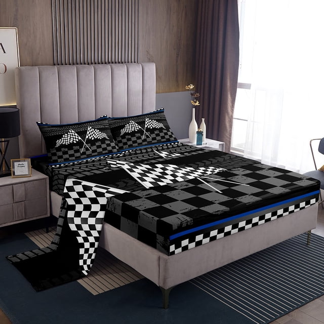 Erosebridal Sports Racing Flag Full Sheet Sets, Race Car Bedding Full Size, Square Geometry Decor