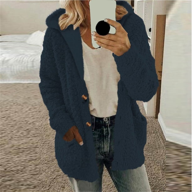 Abrigo informal con capucha y manga larga para mujer, chaqueta con capucha, suéter de invierno, abrigo cálido de lana con cremallera, abrigo de manga larga para mujer