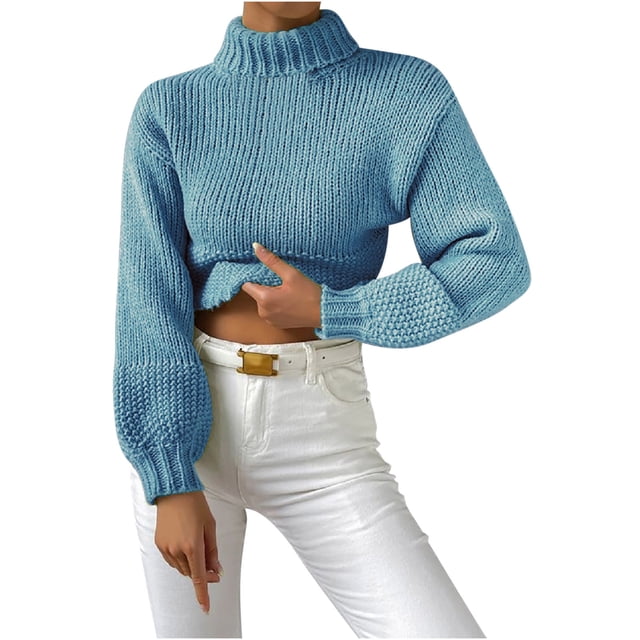 Mrat Longs Chandails pour Femmes Col Roulé Manches Longues Chandails Décontractés Chandails Dames Chandail Tops Chandail Chandail Bleu 3TG