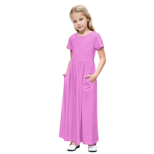 WRKEKC Robe pour Filles, Robe Décontractée pour Filles, Enfants Tout-Petits Filles Mignon Imprimé Scintillant Manches Courtes Robe Extensible avec Poches Robe Longue 4 Ans
