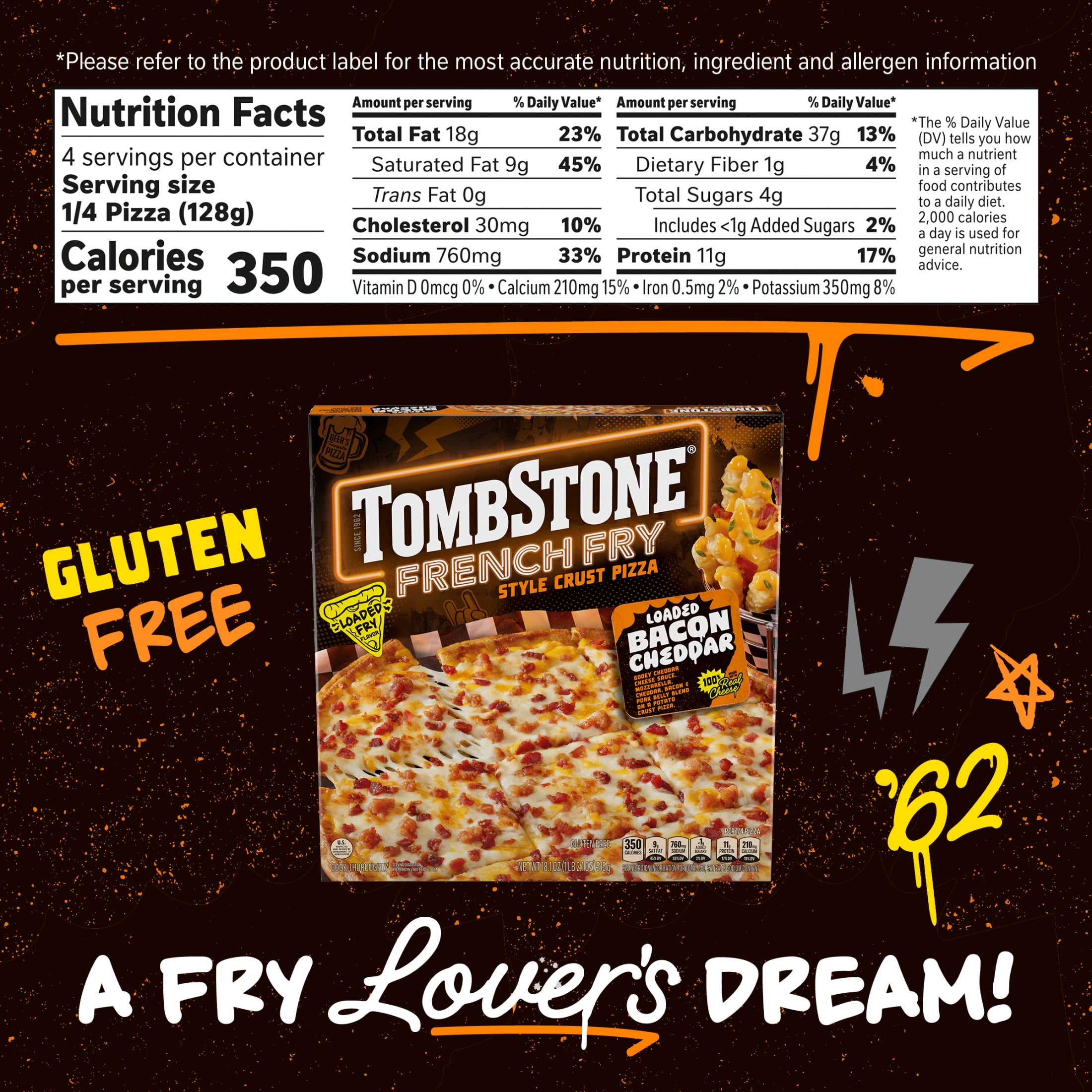 Tombstone French Fry Style Crust, Loaded Bacon Cheddar Cheese, Gluten Free Frozen Pizza, 18.1 oz (Frozen)