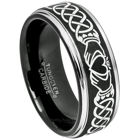 Mens Celtic Claddagh Tungsten Ring -8mm Brushed Finish Black IP & Gunmetal Stepped Edge Comfort Fit Tungsten Carbide Wedding Band - TN670CLDs8