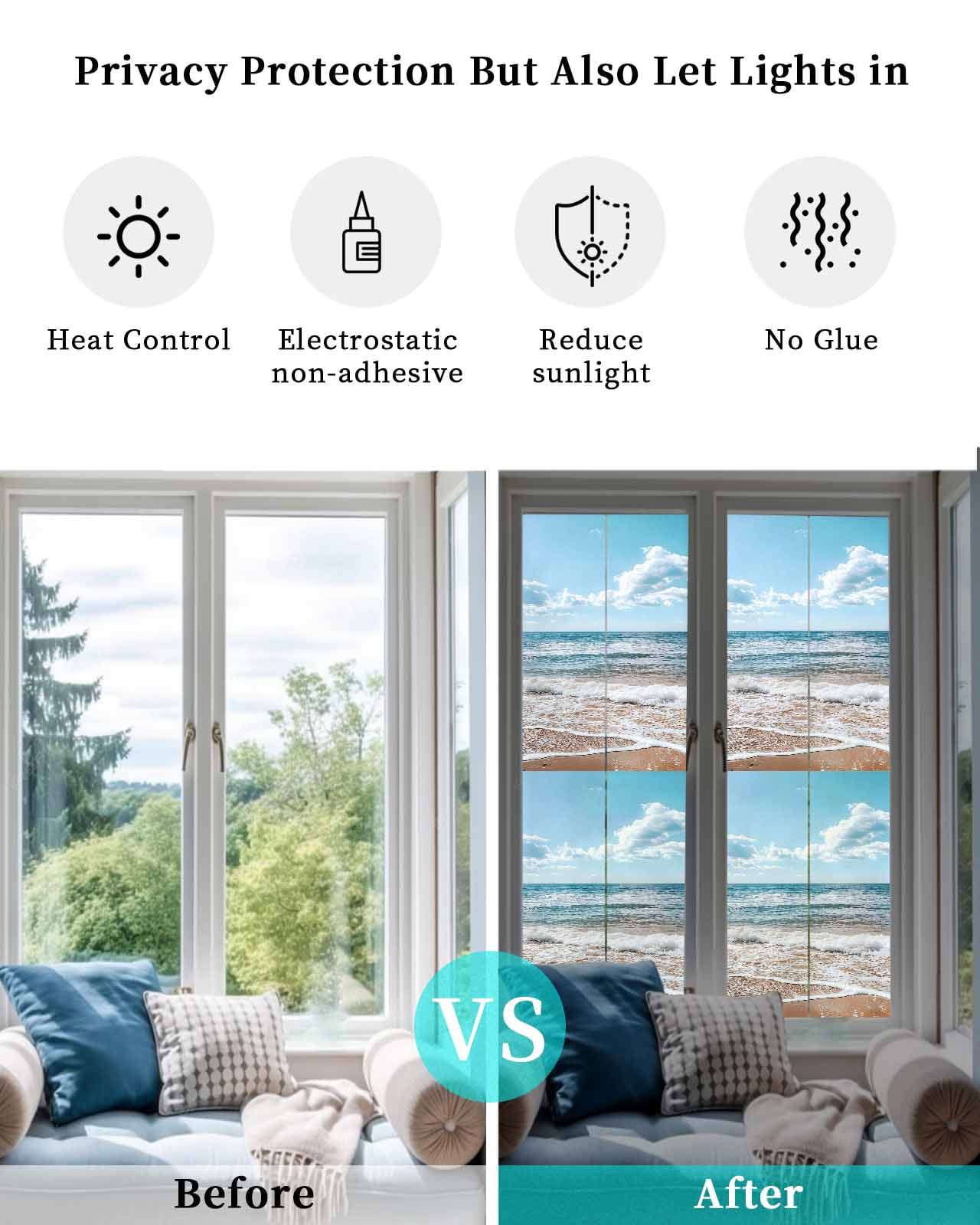 Window Privacy Film Ocean Stained Glass Window Film Decorative Sun Block Window Cover Summer Sandy Beach Blue Sky Coastal Waves Window Clings Static Adhesive Sticker for Bathroom 29.5"x118"