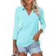 thumbnail image 2 of Womens Tops T Shirts Solid Color 3/4 Sleeve V Neck Dressy Casual Three Quarter Length Tunic Plain Tees Blouses Light Blue 2XL, 2 of 4