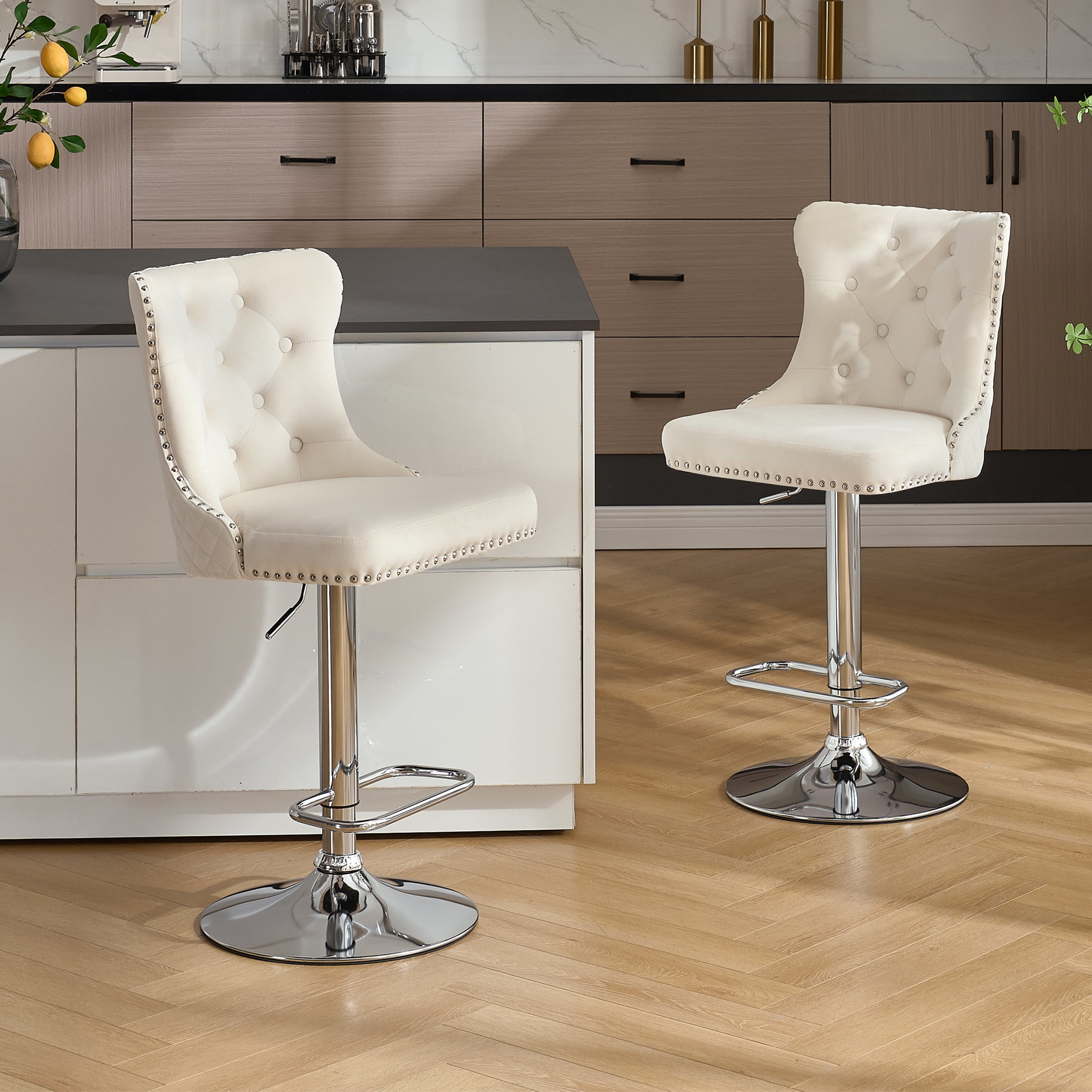 Velvet Bar Stools Set of 4 Modern Counter Height Bar Stools with Lion Pull Ring Tufted Back, Nailhead Upholstered Barstools for Home Kitchen Island, Swivel Adjustable Stool Chair in Cream