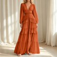 thumbnail image 2 of ZHOGXU Fashion Womens A Line Midi Dresses Solid Color V Neck Long Sleeve Regular Fit Beach Vacation Outfit, 2 of 6