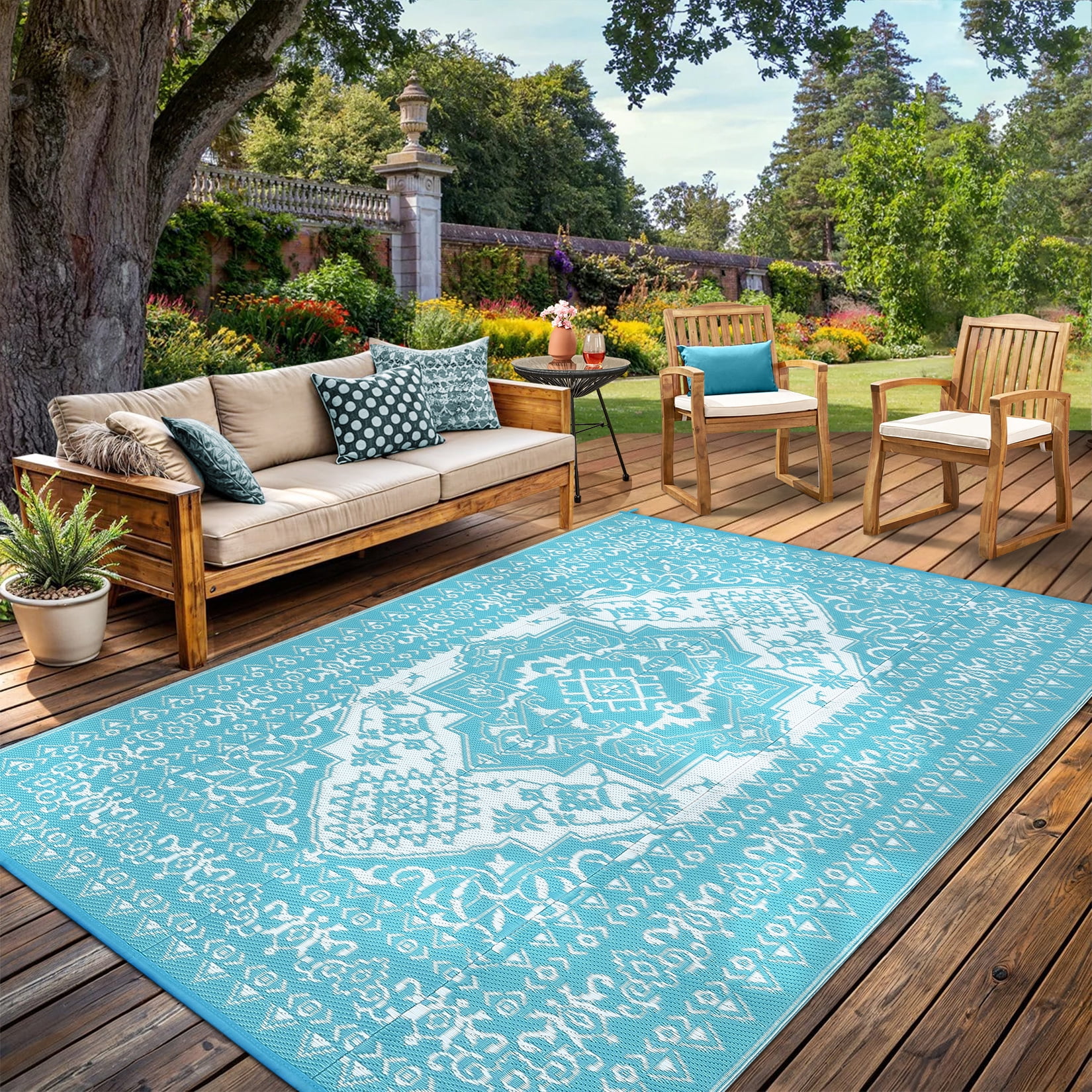 Outdoor Rug 8x10 Waterproof Reversible Plastic Straw Patio Mat, Vintage Medallion Indoor Outdoor Carpet for Deck Balcony Porch RV Camping Picnic