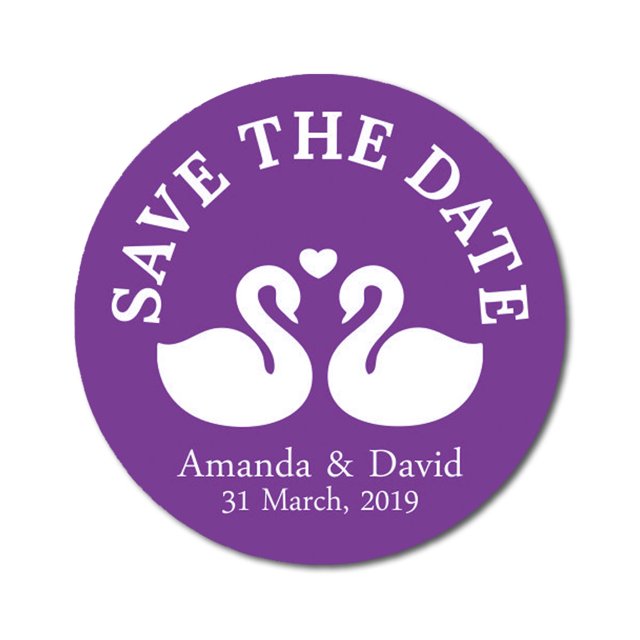 Darling Souvenir Round 45 Pcs Loving Swans Save The Date Stickers Personalized Bride Groom Names And Date Envelope Seals - Violet