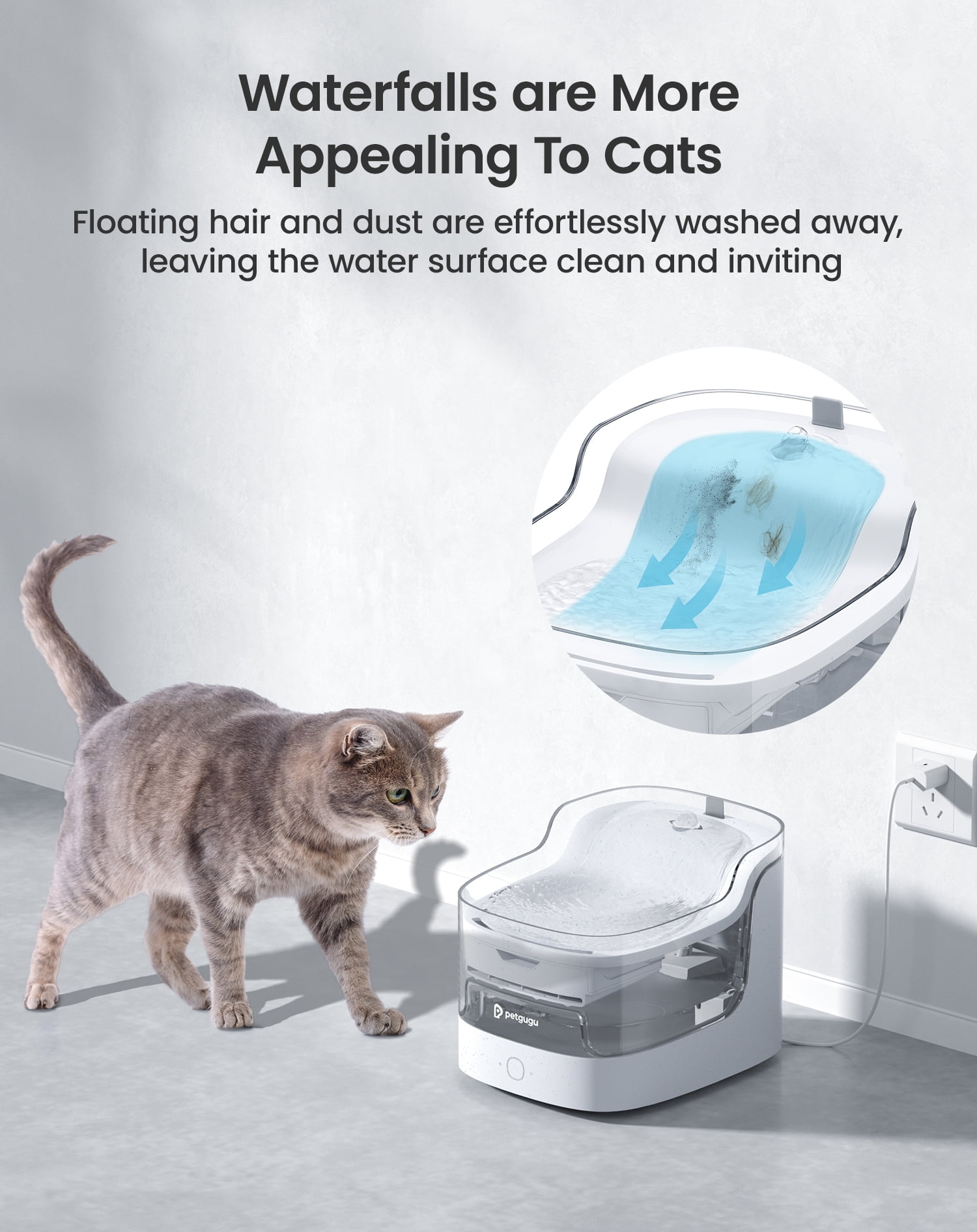 Petgugu Smart Pet Fountain with App Monitoring, 2L/68oz Automatic Water Dispenser, Wireless Pump, 8 Layers Filtration, Wi-Fi Control, Ultra-Quiet Water Fountain for Cat Dog (PF1)