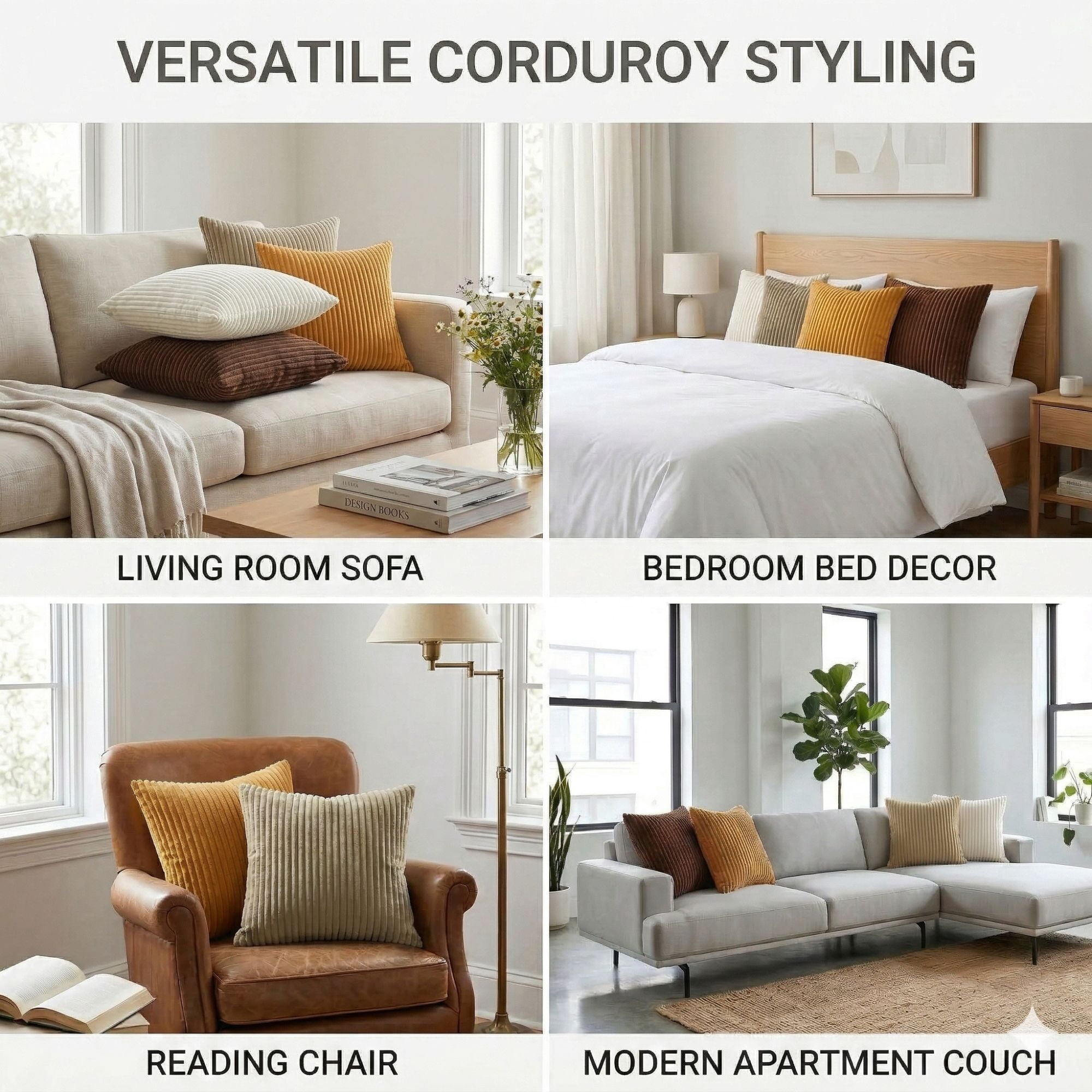 Decorative Throw Pillow Covers 18x18 Inch, Set of 4 Soft Corduroy Cushion Covers, Farmhouse Boho Neutral Pillow Cases for Couch, Sofa, Bed, Living Room