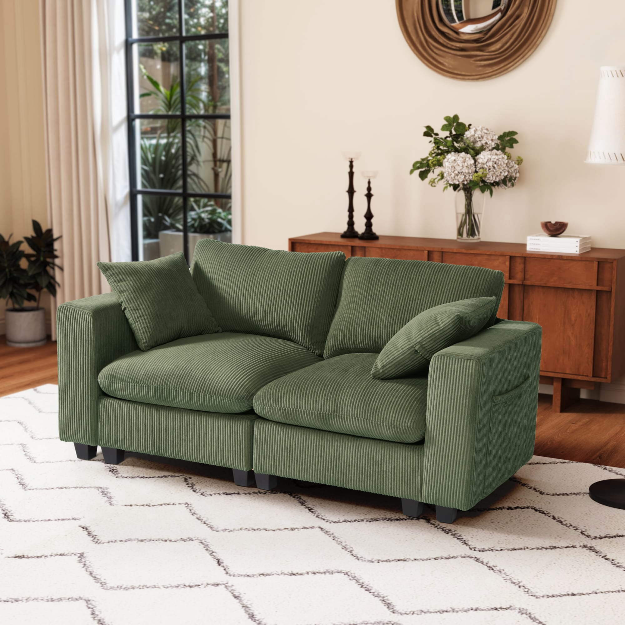 WestinTrends Hearthside 70" Modular Corduroy Loveseat Sofa With USB/Type-C Ports and Side Pockets, Olive Green