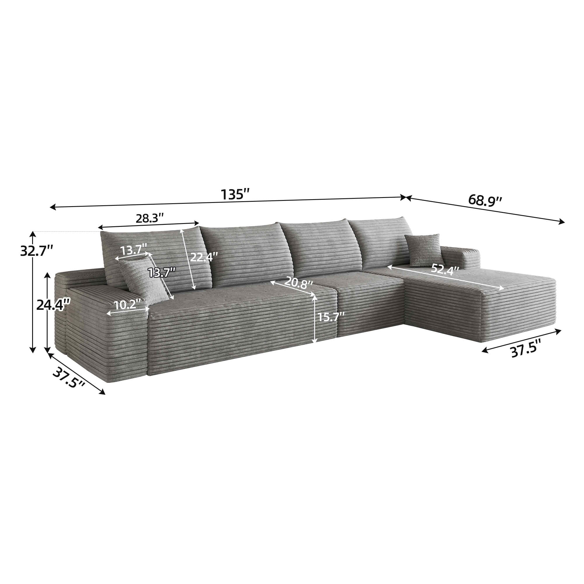 MAYEERTY 135-Inch Gray Plush Corduroy 4-Seat L-Shaped Cloud Modular Sectional Sofa, Deep Seat Couch with Chaise No Assembly Required