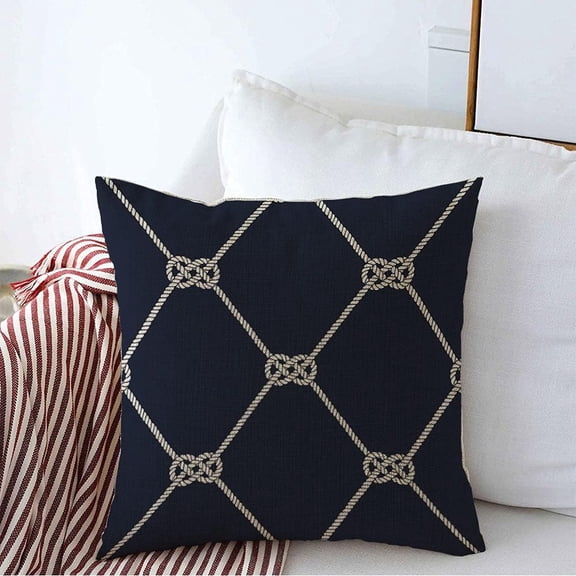 Decorative Square Throw Pillow Cover Backdrop Knot Nautical Rope Indigo Hand Pattern Endless Navy Abstract Textures Decor Network Print Linen Cushion Cover 20 x 20 Inch for Couch Bedroom Car Bench