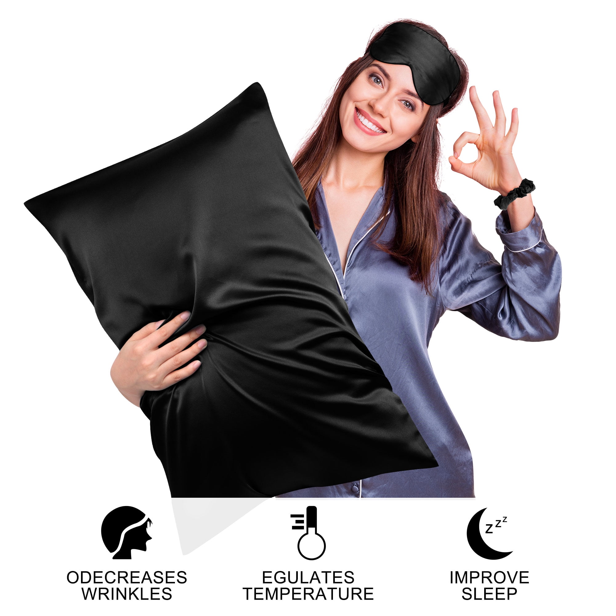 Unique Bargains Durable Soft Zippered Closure Set of 2 Satin Pillowcase Black Standard(20"x26")