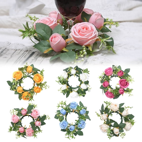 Dserhfy Mini Artificial Wreath Candle Ring Realistic Faux Rose Garland with Plastic Base Candle Wine Decoration Weddings Party Dining Table Centerpiece