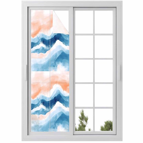Reusable Static Cling Window Tints, Orange Navy Blue Ombre Window Privacy Film Frosted, Abstract Beach Waves Gradient Heat Control Windows Films for Offices, Balcony, 29.5 x 118 Inches