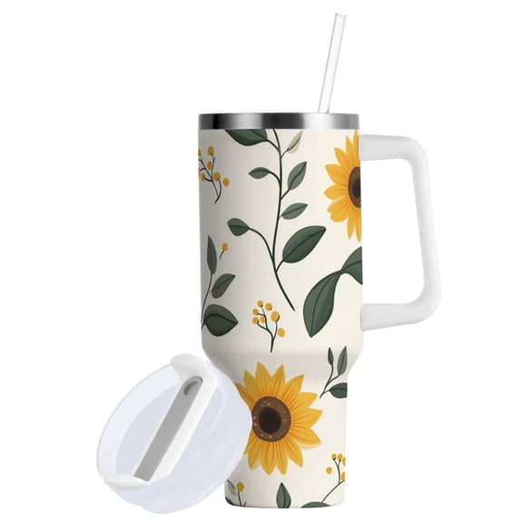 Yayeee 40oz Stainless Steel Tumbler with Straw and Handle Double-Wall Insulated Travel Water Bottle, Sunflower Pattern