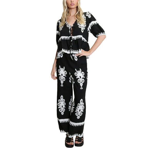 JYYYBF Women's 2Pcs Casual Outfits Pattern Print Tie Front Tops Wide Leg Pants Sets Streetwear