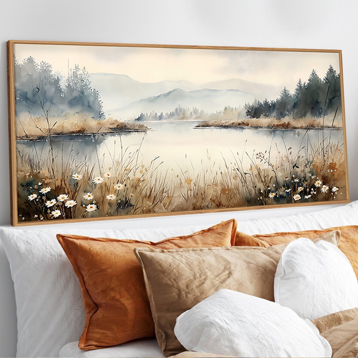 Nature Landscape Wall Art Wilderness Wall Decor Framed Forest Canvas Artwork Misty Mountain Lake Scenery Wall Painting for Living Room Farmhouse Bedroom 20X40 In
