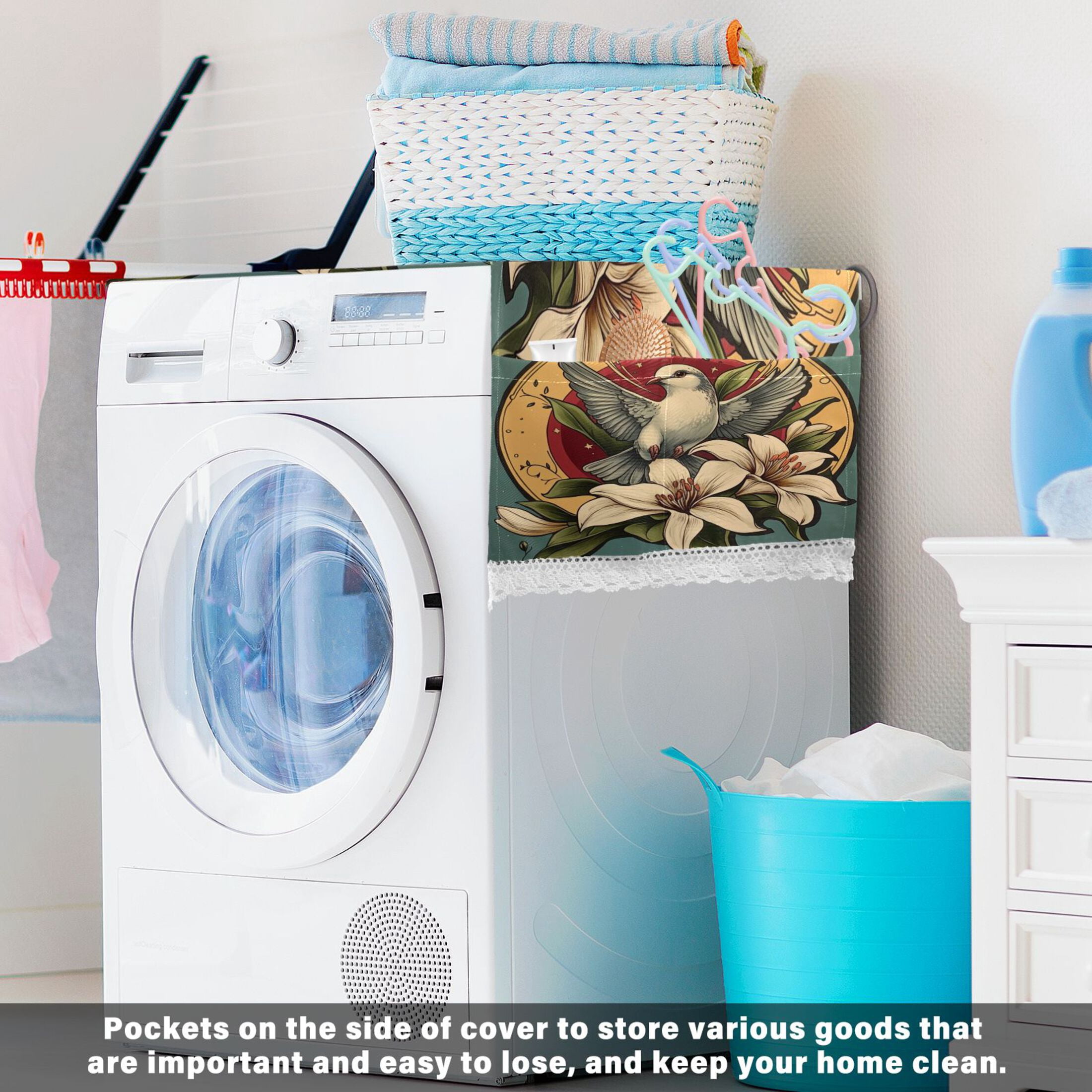 WOBOGO Illustration Of A Dove Of Peace with White Lily Washing Machine Cloth Dryer Refrigerator Top Cover Protective Non-Slip Mat For Kitchen Laundry