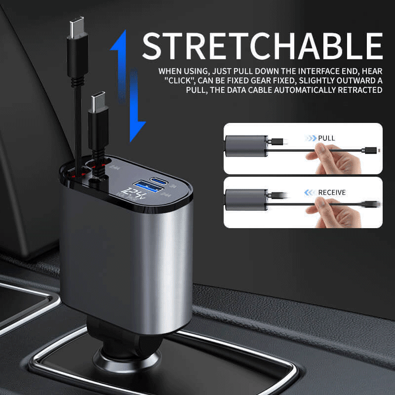 4 IN 1 Retractable 100W USB C Car Charger Adapter, Dual Port Fast Charging for Phones and Tablets