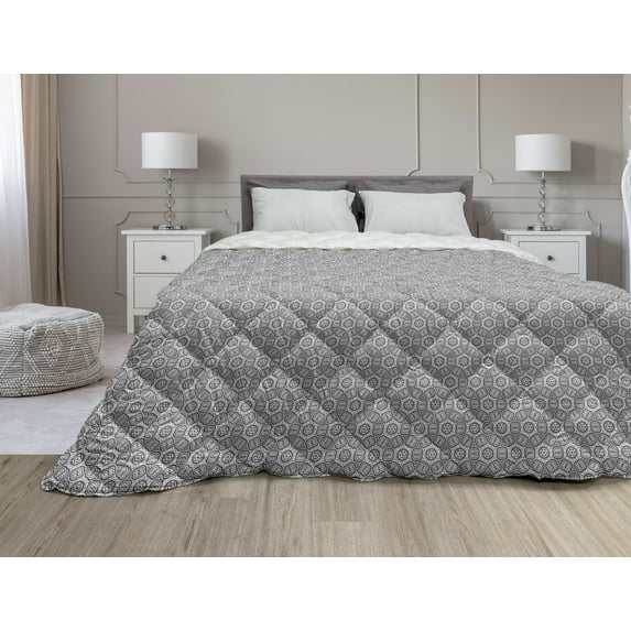 Floral Down Alternative Comforter, Repetitive Outline Grunge Style Sketch Drawn Pattern of Chamomiles, Microfiber Quilt for All Season, 5 Sizes, Dark Blue Grey White, by Ambesonne