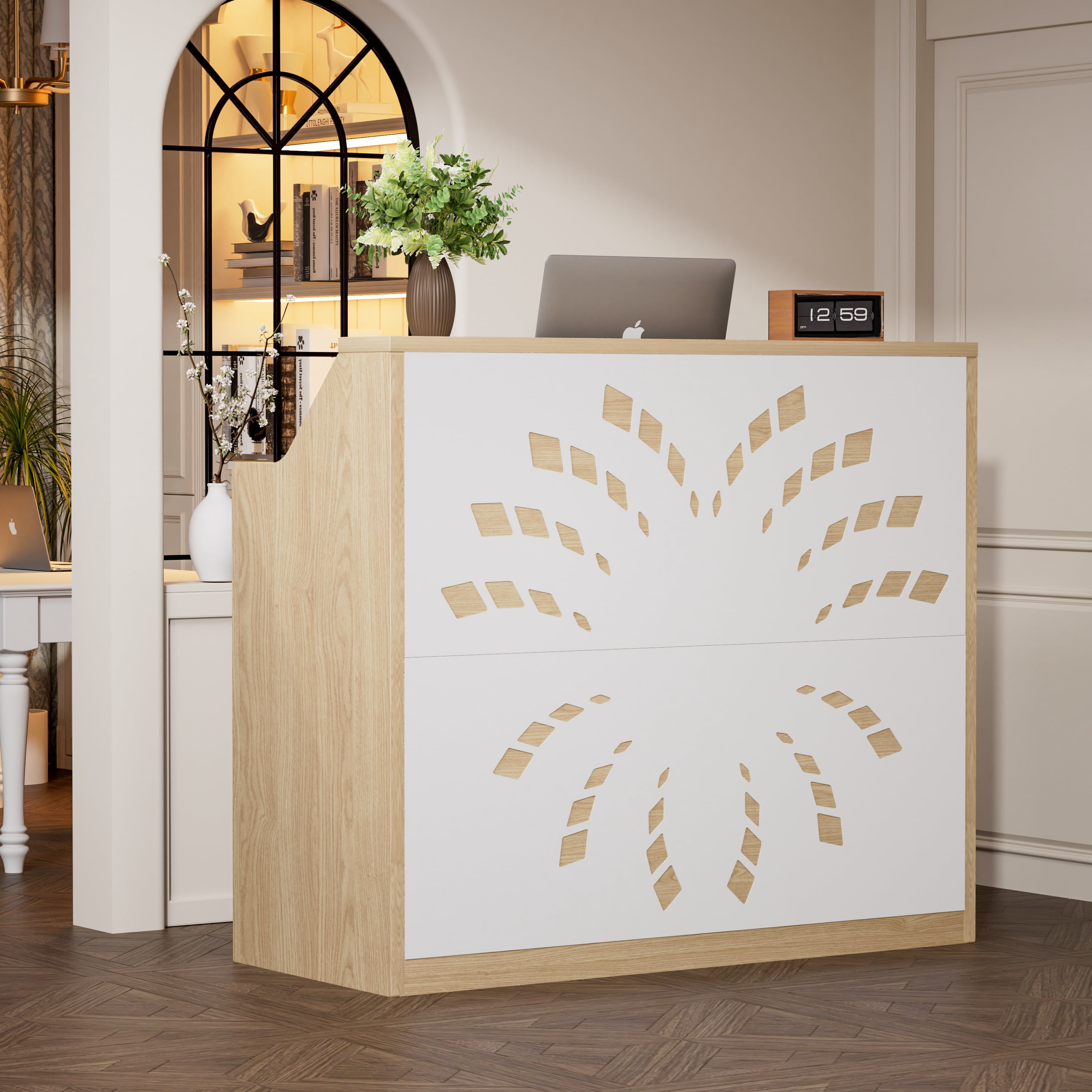 Astoutdoor 46.5 in Reception Desk with Storage Cabinet, Front Desk, Retail Checkout Counter, Natural + White