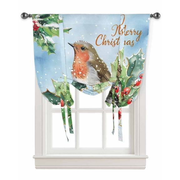 Xmas Birds Christmas Tie Up Curtains for Window, Botanical Berry Snowflake Blue Thermal Insulted Balloon Shade Adjustable Rod Pocket Curtains Valance Panels for Kitchen Bathroom Café 42 x 45