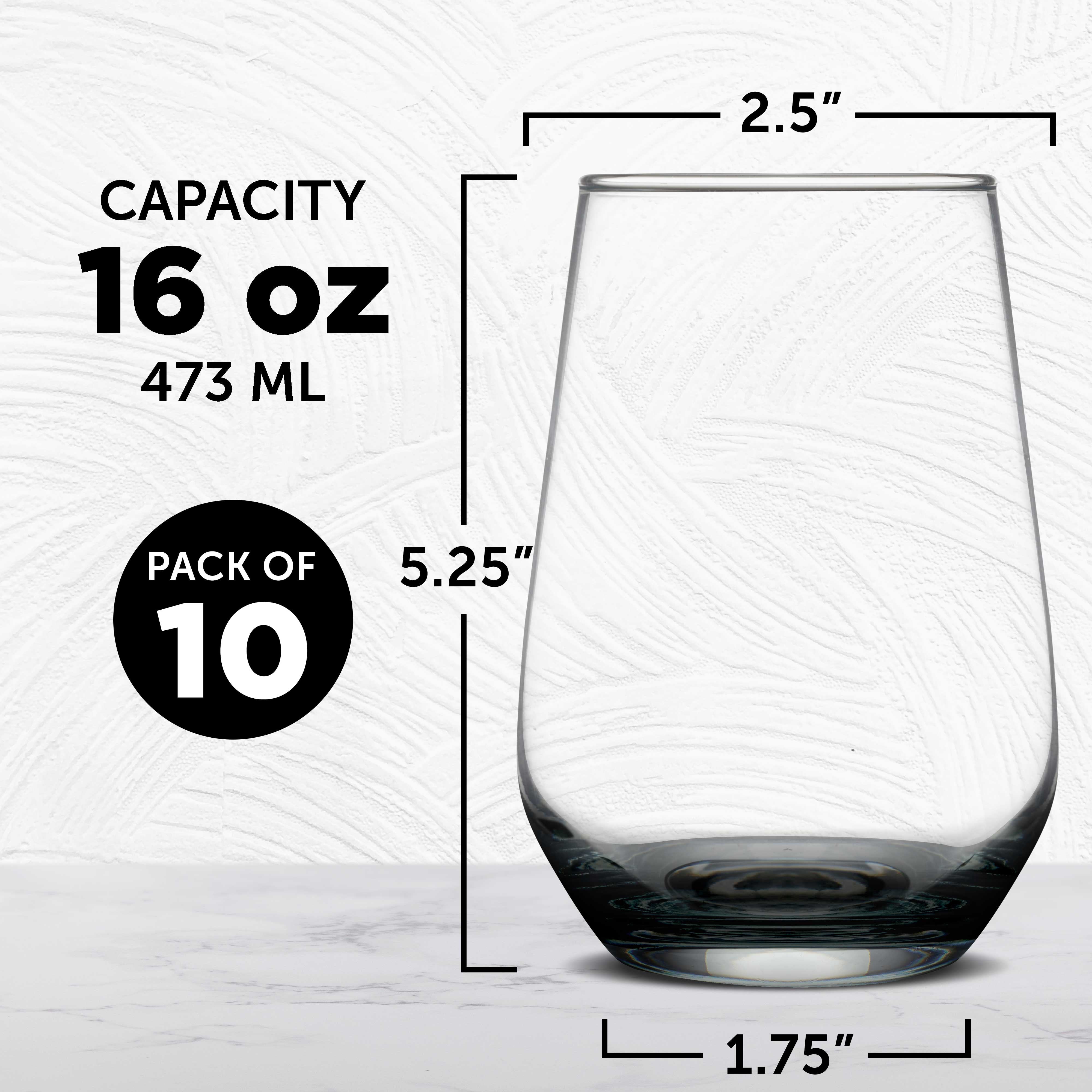 10 Vaso Silicia Stemless Wine Glasses Set, 16 oz. - Clear, Orb-Like, Thick base - Black