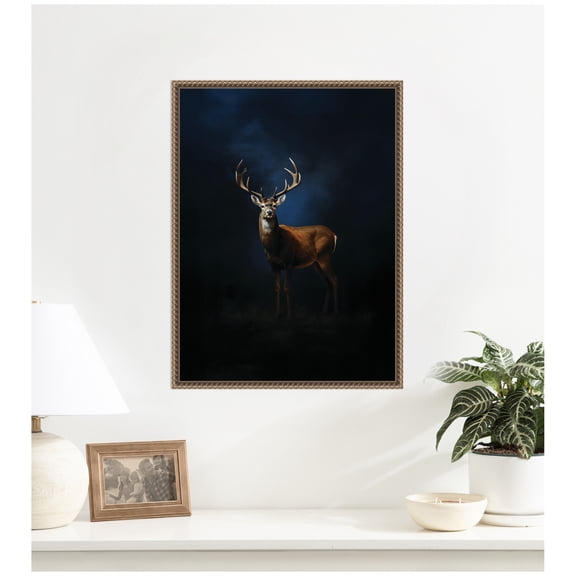 Kate and Laurel Framed Canvas Wall Art Print Cobalt Night Sky Deer by The Creative Bunch Studio, 18 x 24 Sylvie Beaded Dark Gold Frame, Rustic Farmhouse, Animal Art for Wall Decor