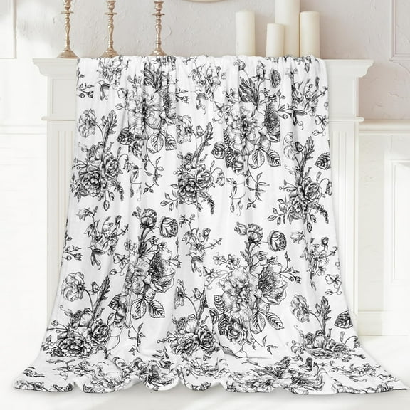 Floral Fuzzy Blanket Black Flower Throw Blanket Vintage Chinoiserie Soft Cozy Flannel Blanket for Home Bed Sofa Couch Chair, 50 x 60 Inch