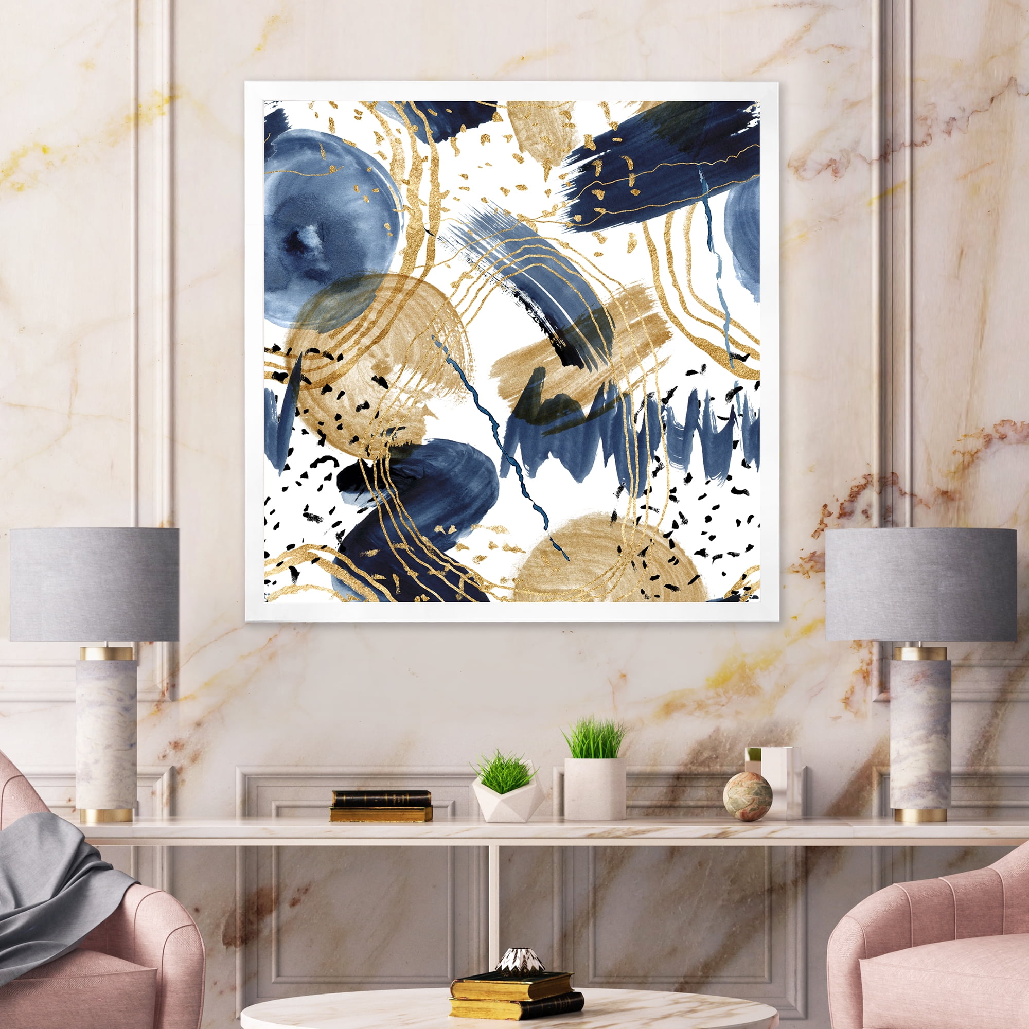 Designart 'Dark Blue & Golden Textures With Abstract Pattern' Modern Framed Art Print