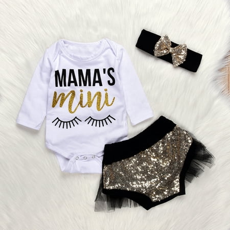 

0-24M Baby Girls Long Sleeve Mama s Mini Romper Tops Sequins Lace Tulle Fart Pants Outfits