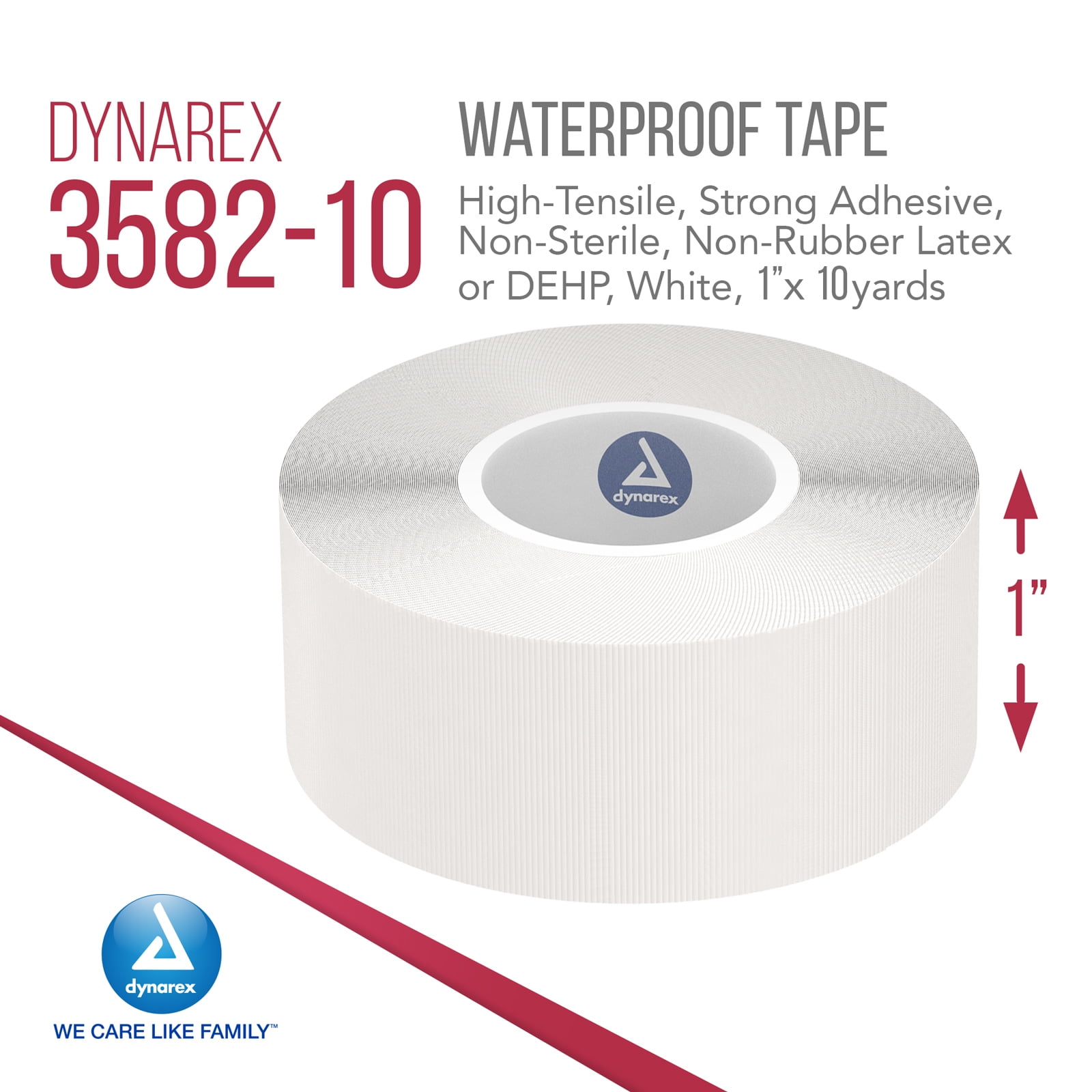 Dynarex Waterproof Adhesive Tape - High-Tensile, Strong Adhesive, Non-Sterile - No Rubber Latex & DEHP - 1” x 10 Yards - 168 Rolls per Bulk Case