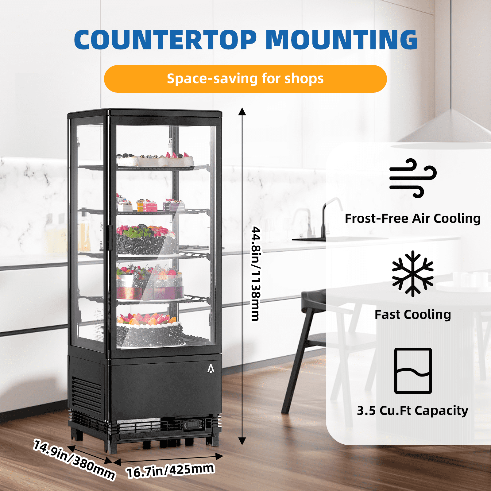 Refrigerated Display Case, 3.5 Cu.Ft, Countertop Pastry Display Case Commercial Display Refrigerator with LED Lighting, Frost-Free Air-Cooling, Locked Door for Bakery