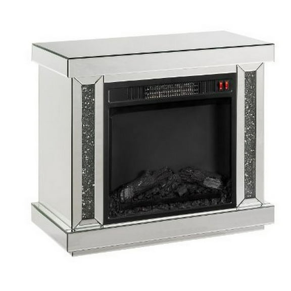 Electric Fireplace with Mirror Panel Framing and Faux Diamonds Silver - Saltoro Sherpi