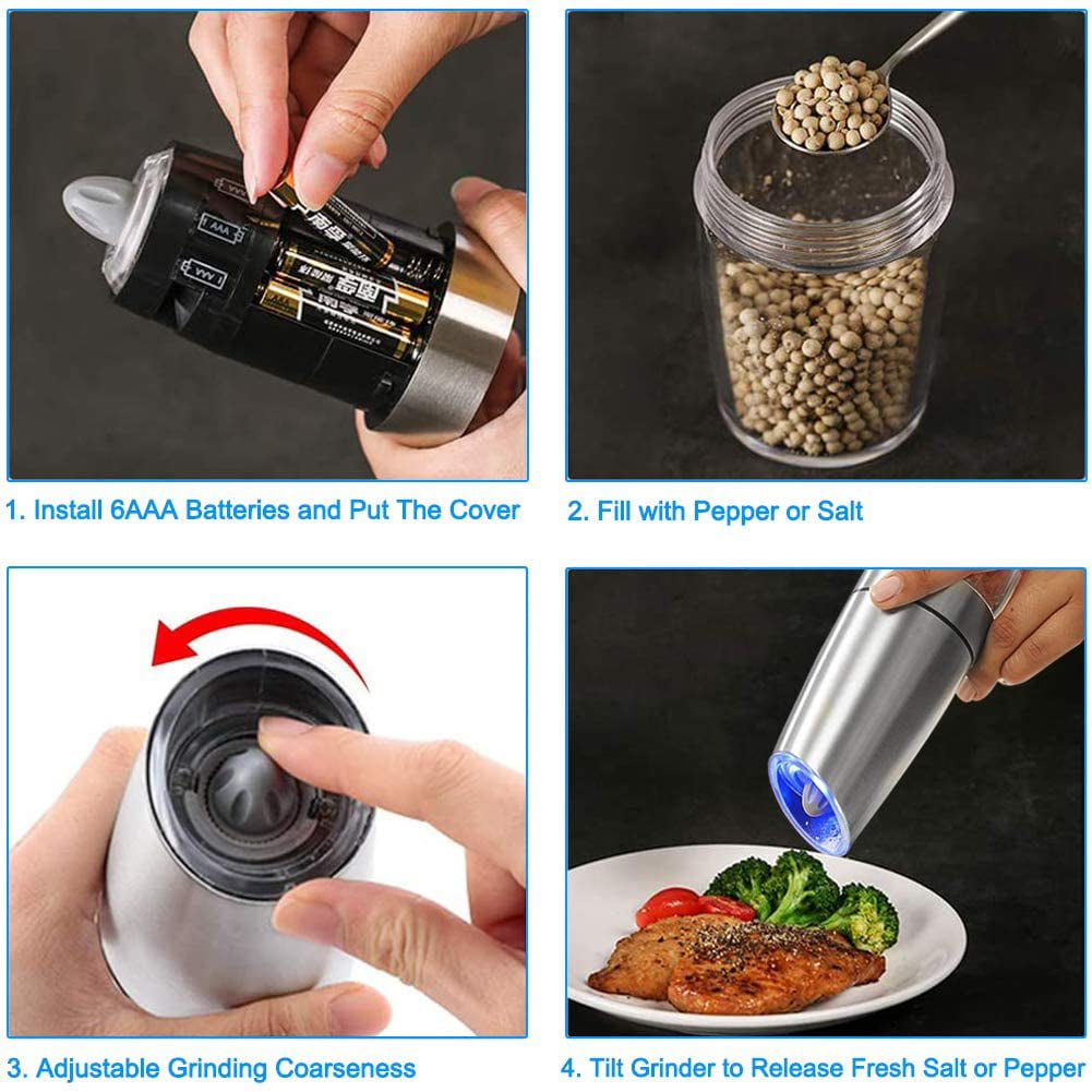 Electric Salt Ginder, Automatic Pepper Grinder, Gravity Induction Pepper  Mill, Batterys (6xAAA, Not Included)-Operated, Adjustable Coarseness, LED  Light, Home/Restaurant/Travel are Available. Silver. - Yahoo Shopping