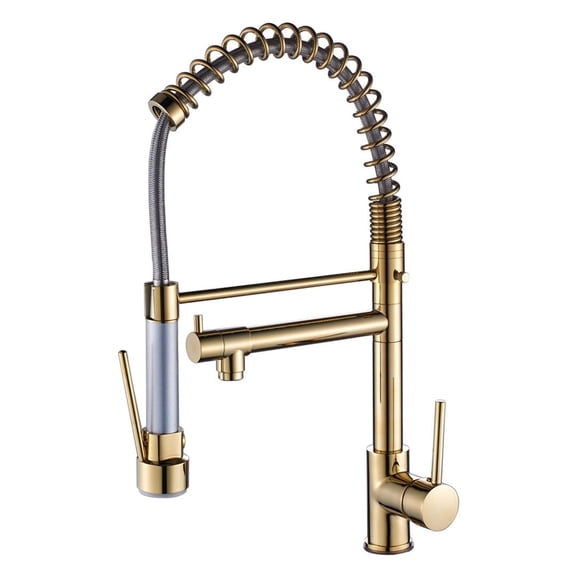 ANGELES HOME 360° Rotation Commerical Kitchen Faucet with Sprayer, Single Handle Pull Down Sprayer Kitchen Sink Faucet with LED Light Two Spout, Gold