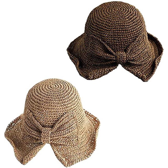 Pack de 2 sombreros de sol plegables de paja de ala ancha para mujeres y niñas (blanco y marrón) JM