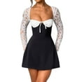 thumbnail image 2 of Yunliwuli Women’s Lace Long Sleeve Dress, Low Cut Back Tie Mini Dress Tunic Dress Party Wear, 2 of 10