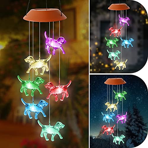 Dog Wind Chimes Solar Powered Wind Chime Outdoor Dog Remembrance Gifts Color Changing Solar Mobile Hanging Solar Wind Chimes Garden Gift for Grandma Yard Decor
