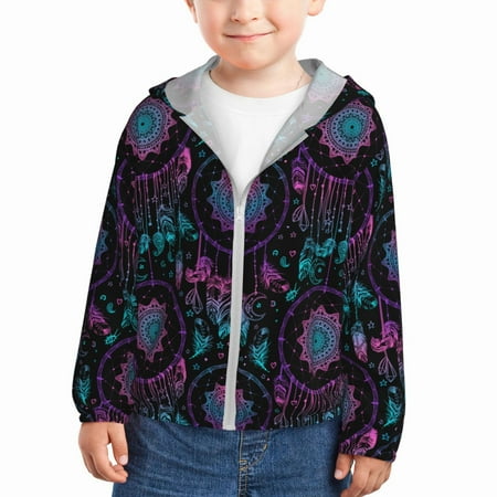 

Goofa Dreamcatcher With Feathers Printed Kids Zip-Up Hoodie Girls Boys UPF50+ Sun Protection Jacket Hooded Cooling Shirt-4 Years