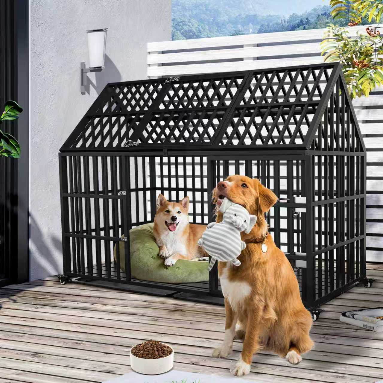58 inch Heavy Duty Indestructible Dog Crate, Escape Proof Dog Cage Kennel with Lockable Wheels, High Anxiety Double Door, Extra Large Crate Indoor for Large Dog with Removable Tray