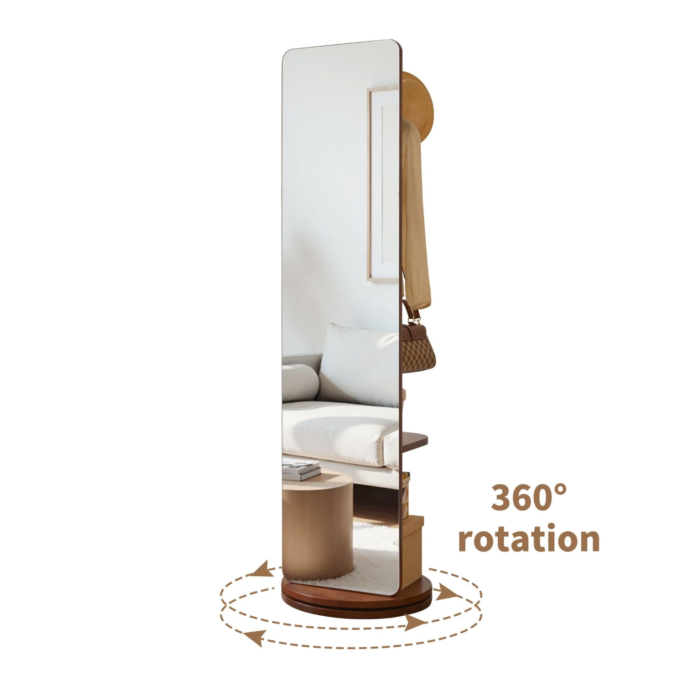 Noble House 68.9"x18.9" Full Length Mirror with Stand, Solid Wood Swivel Floor Mirror Coat Rack, Walnut
