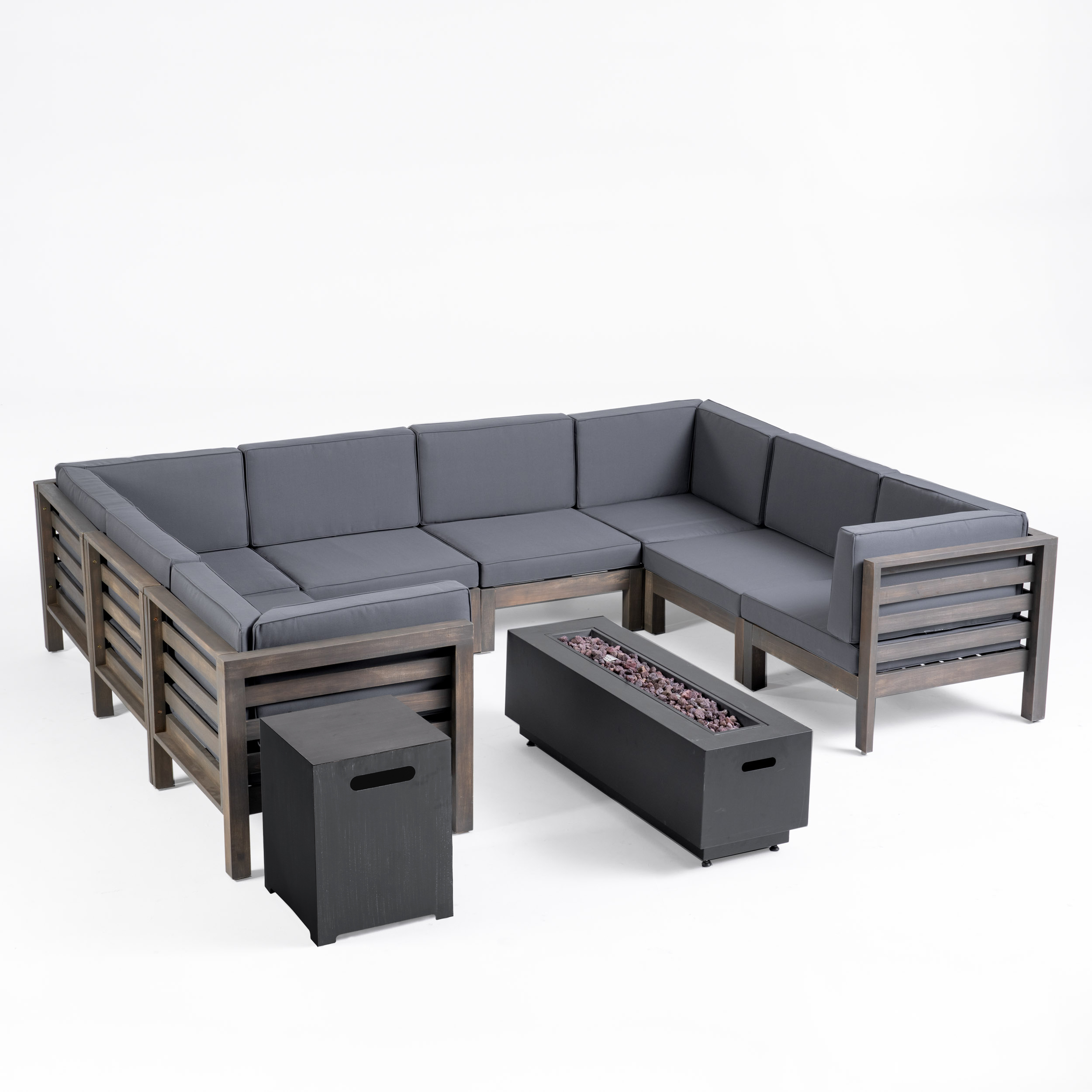 Leyla Outdoor 10 Piece Acacia Wood U-Shaped Sectional Sofa Set with Cushions and Iron Fire Pit, Teak, Red, Dark Gray