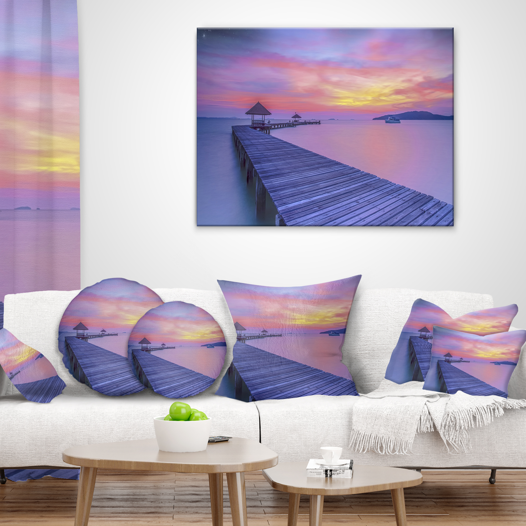 Designart Long Wooden Bridge into the Sunset - Pier Seascape Throw Pillow - 18x18